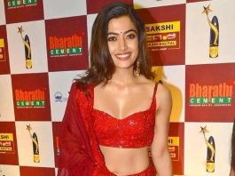 rashmika mandanna in a red lehenga for sakshi awards'21-3