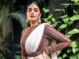 sreemukhi in ivory pre draped saree by maghuva studio1