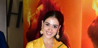 genelia deshmukh in a yellow saree by raw mango at ved trailer launch