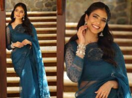 malavika mohanan teal blue saree (1)