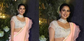 radhika merchant pink ruffle saree abu jani sandeep khosla collection launch