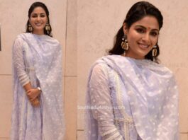 samyuktha menon in lavendar kurta set at virupaksha success meet