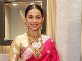 rakul preet singh pink banarasi saree tbz jewellery launch