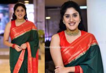 dhanya balakrishna green silk saree majaka trailer launch