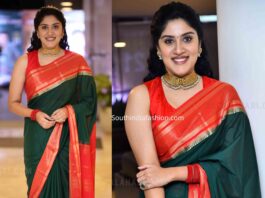 dhanya balakrishna green silk saree majaka trailer launch